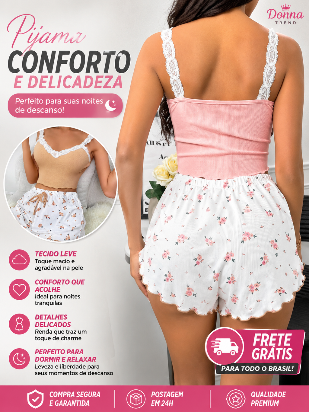 Pijama Feminino Elegance 2 Peças com Renda | Donna Trend