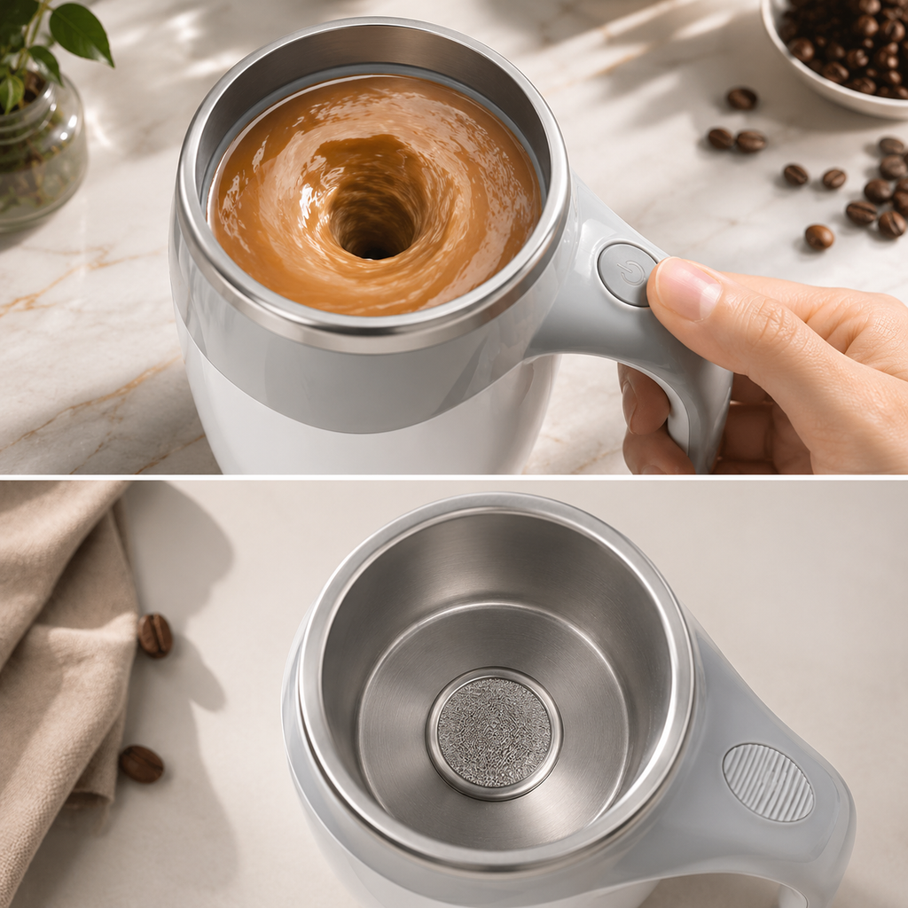 Caneca Elétrica AutoMix Pro™ – Mistura Café, Leite e Shakes Sozinha