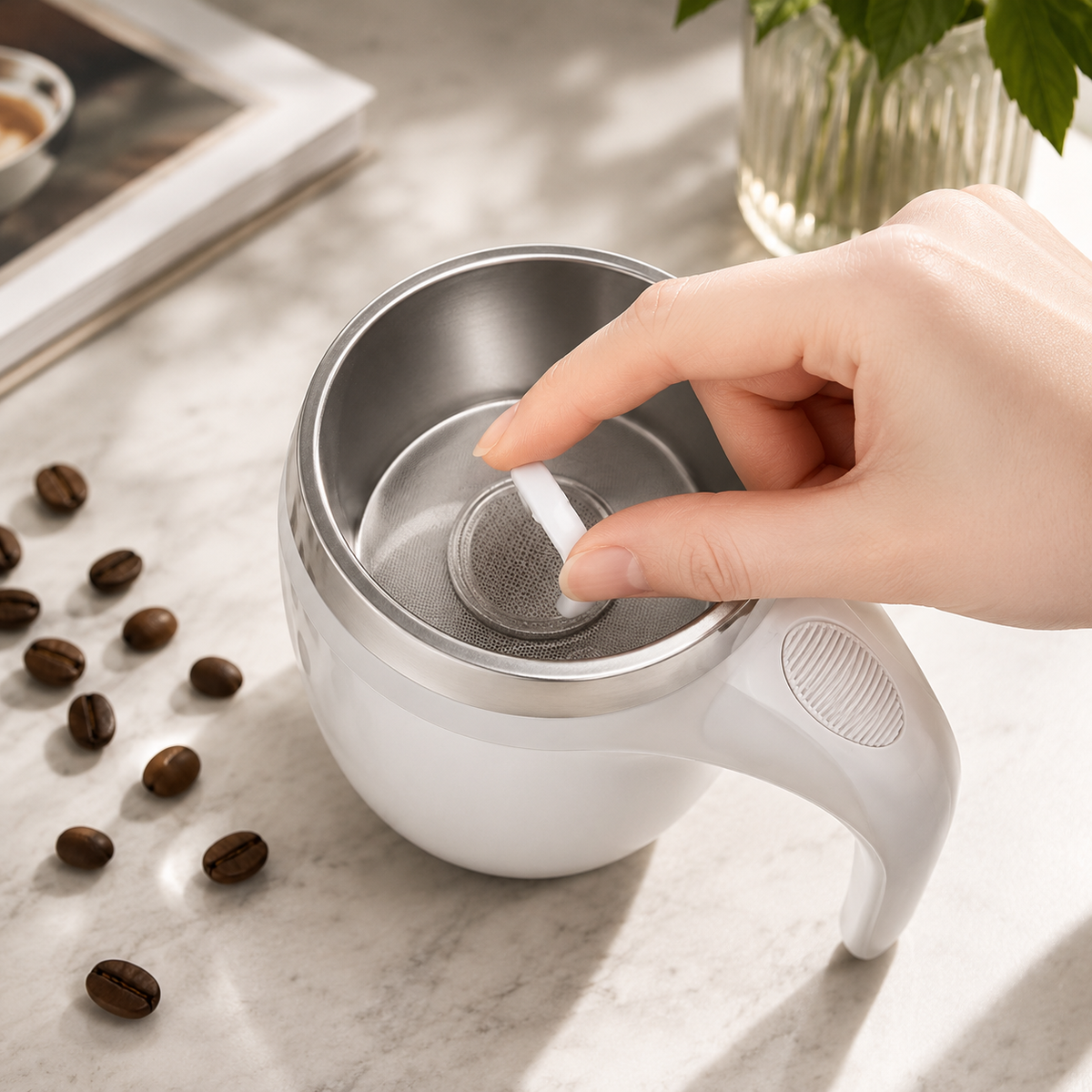 Caneca Elétrica AutoMix Pro™ – Mistura Café, Leite e Shakes Sozinha
