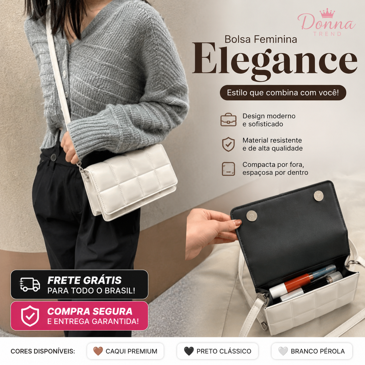 Bolsa Feminina Transversal Elegance em Couro Sintético Premium | Donna Trend