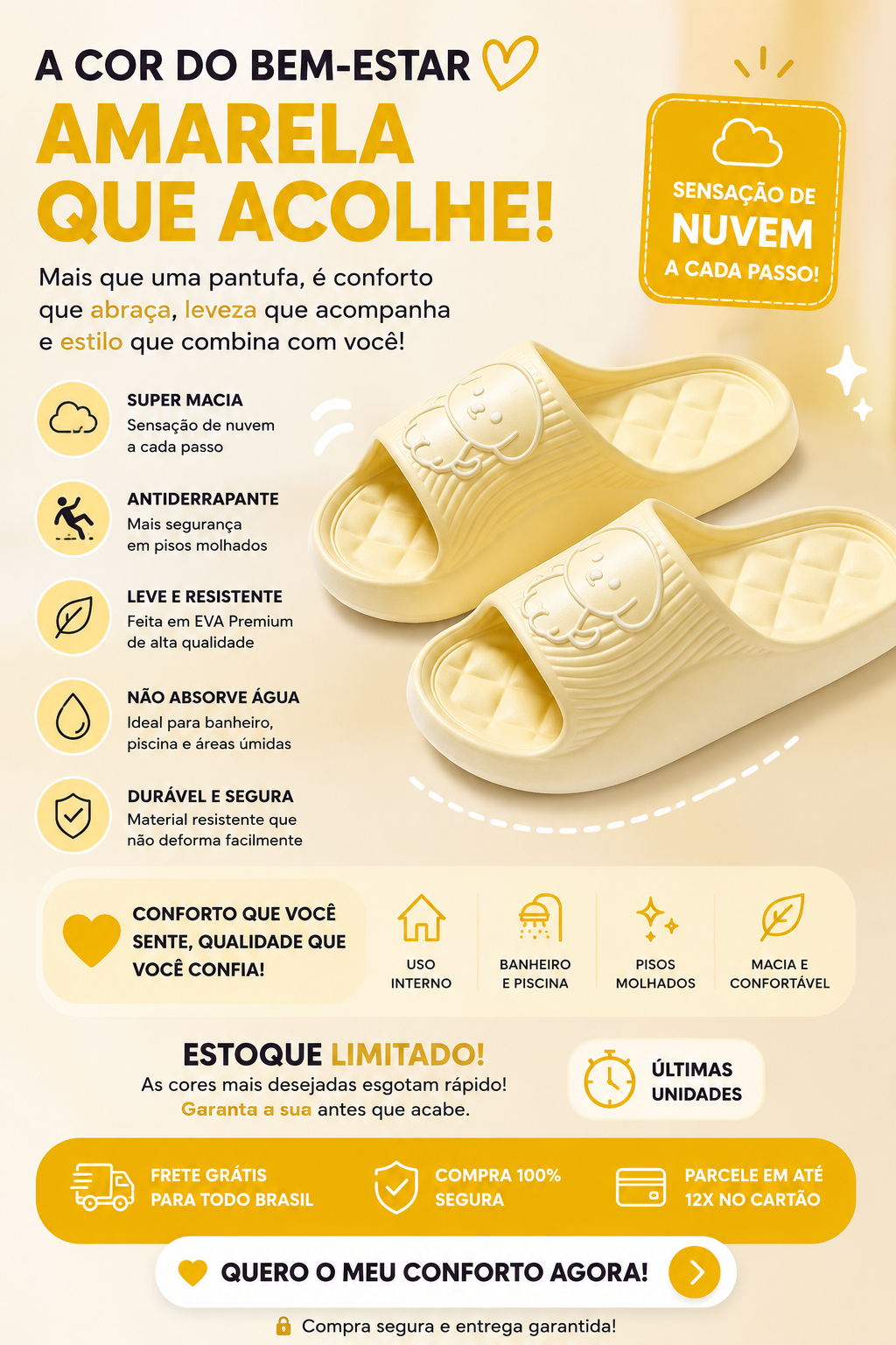 Pantufa Nuvem EVA Antiderrapante | Ultra Confortável para Casa e Banho