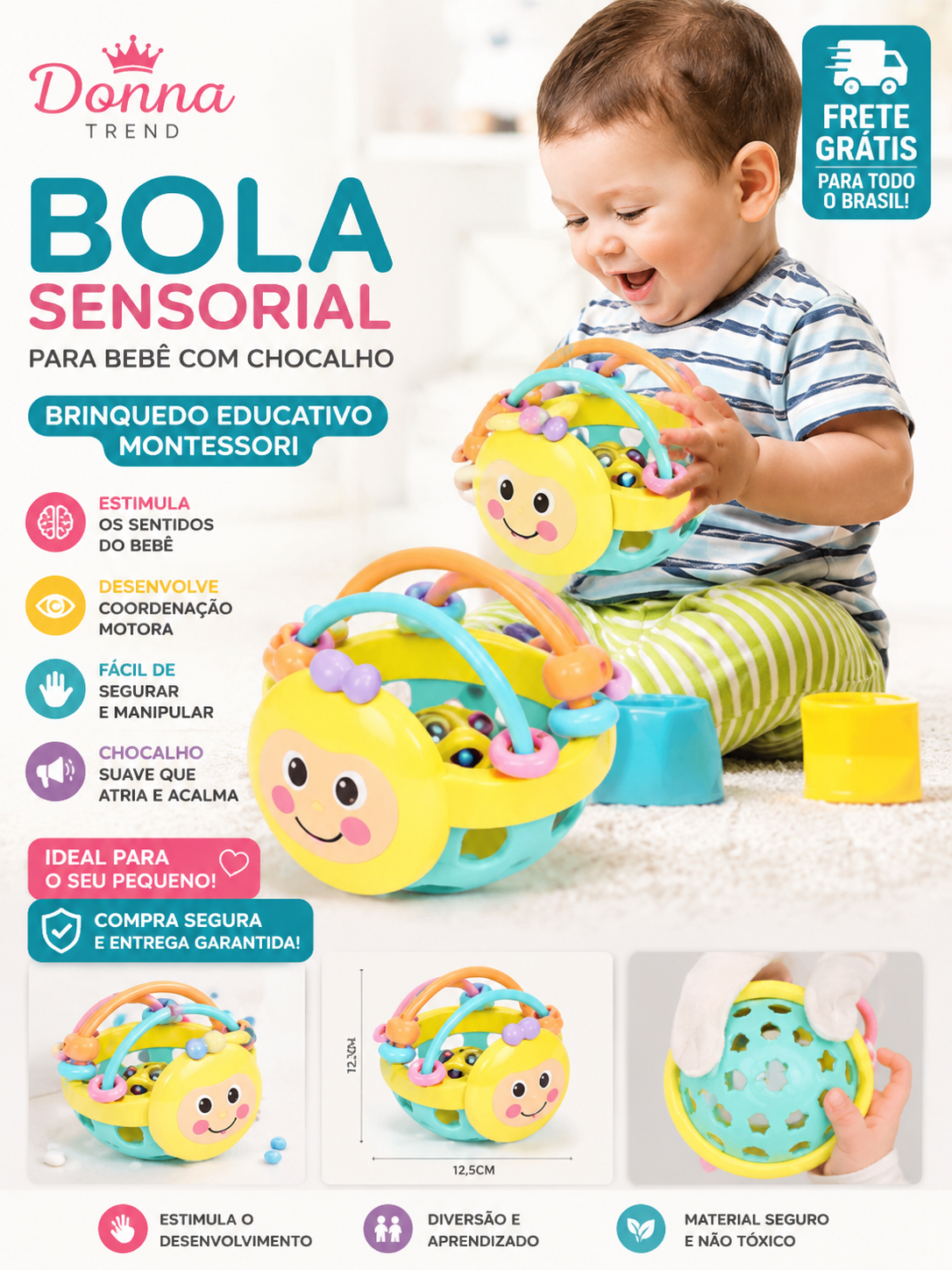 Bola Sensorial para Bebê com Chocalho | Brinquedo Educativo Montessori – Donna Trend