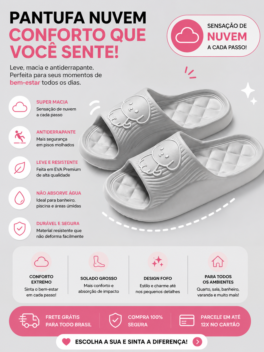 Pantufa Nuvem EVA Antiderrapante | Ultra Confortável para Casa e Banho