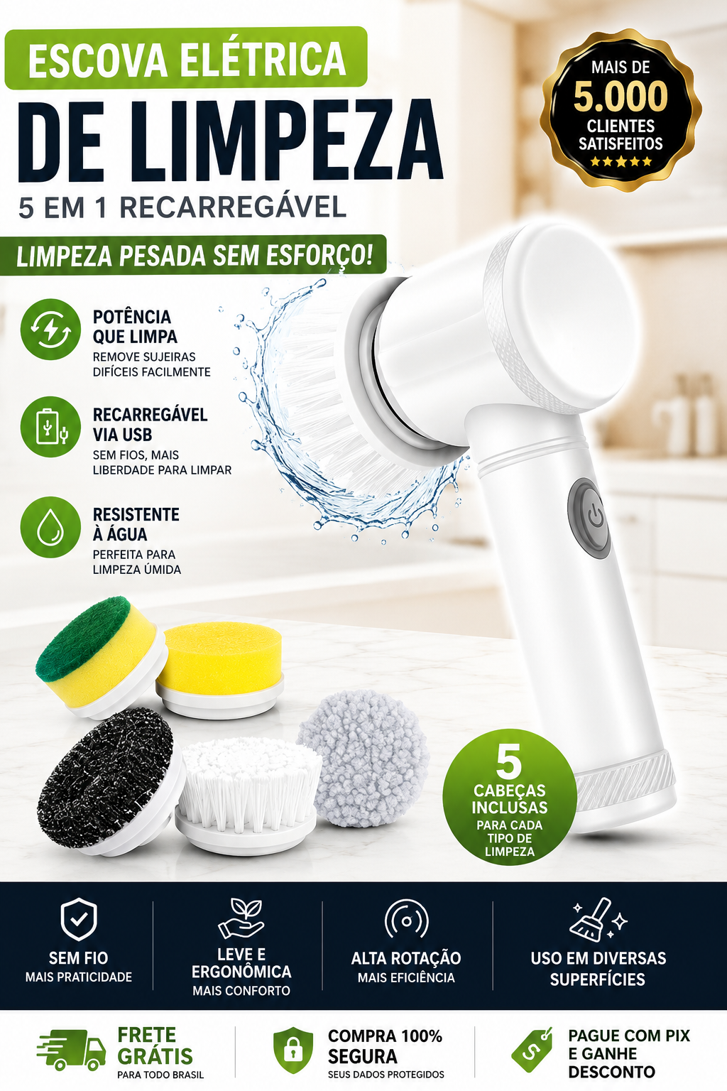 Escova Elétrica de Limpeza 5 em 1 Recarregável