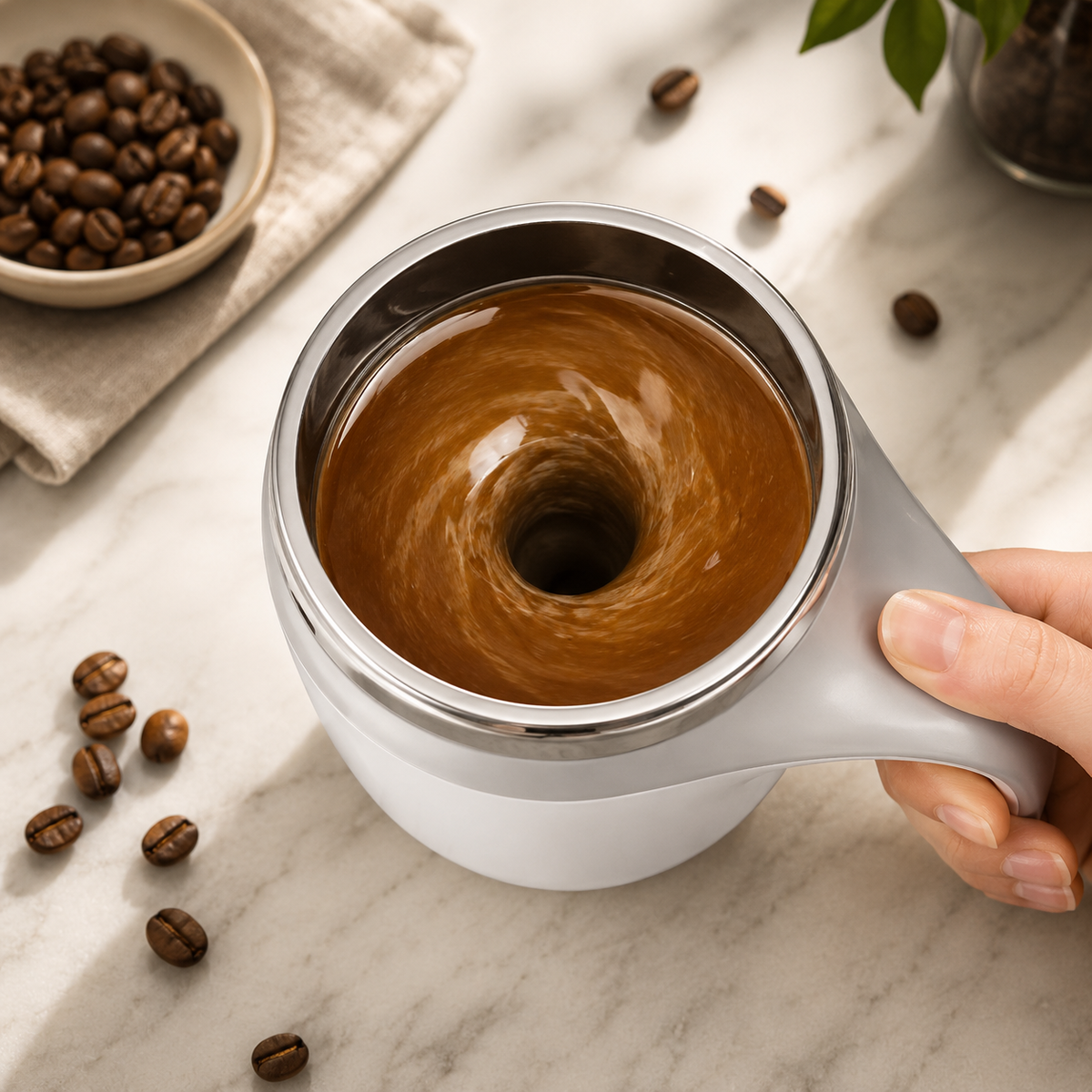 Caneca Elétrica AutoMix Pro™ – Mistura Café, Leite e Shakes Sozinha